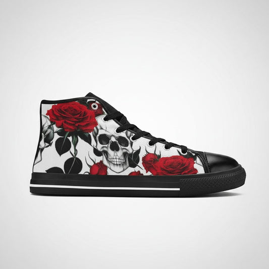 Freaky Shoes® women's high-top canvas sneakers featuring a black and white skull and red rose floral print