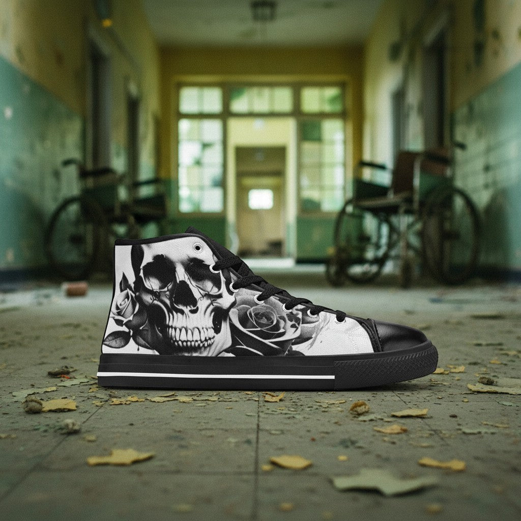 Freaky Shoes® high-top canvas sneakers featuring a black and white cartoon skull and rose print in an abandoned hallway