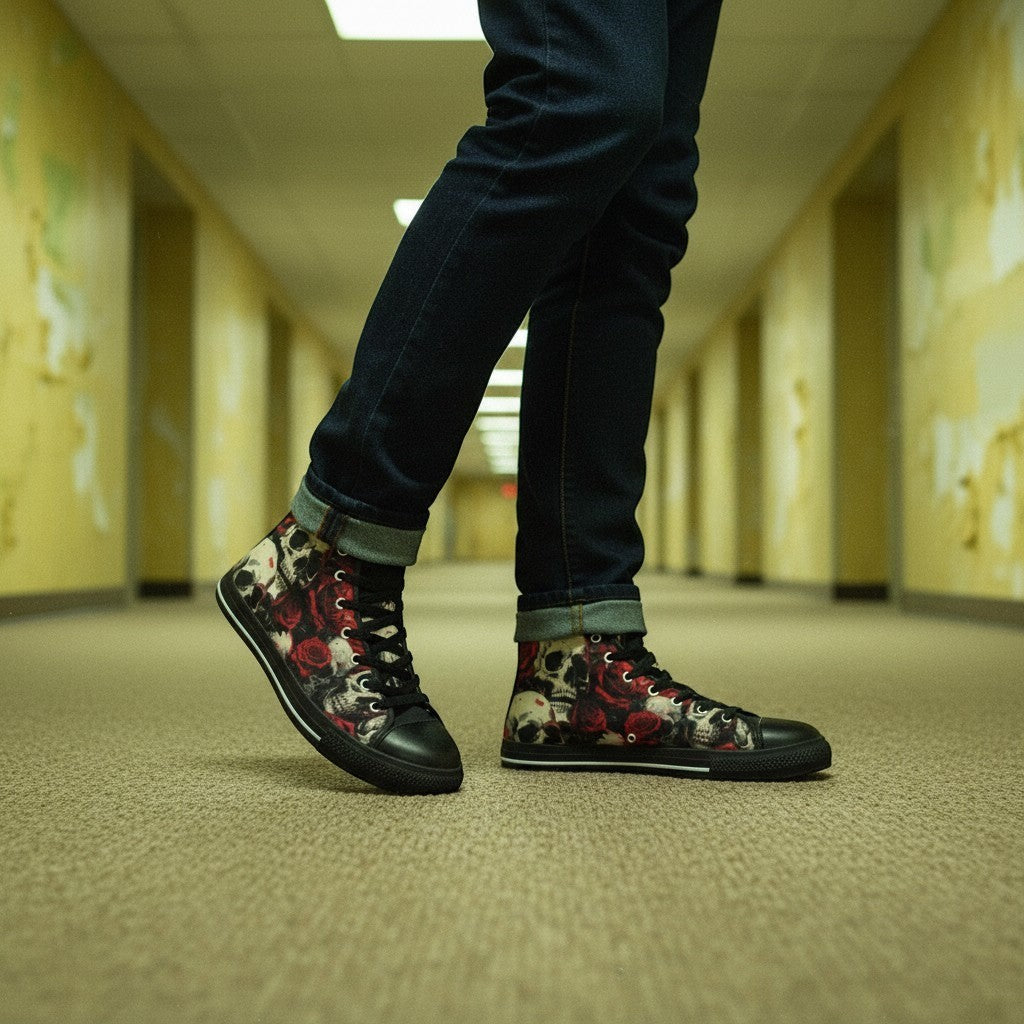 Freaky Shoes® women's high-top canvas sneakers featuring a bold comic book skull and red rose graphic print