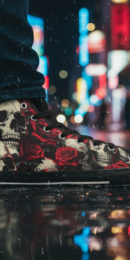 Freaky Shoes® men's high top canvas sneakers featuring a bold comic skull and red rose graphic print.