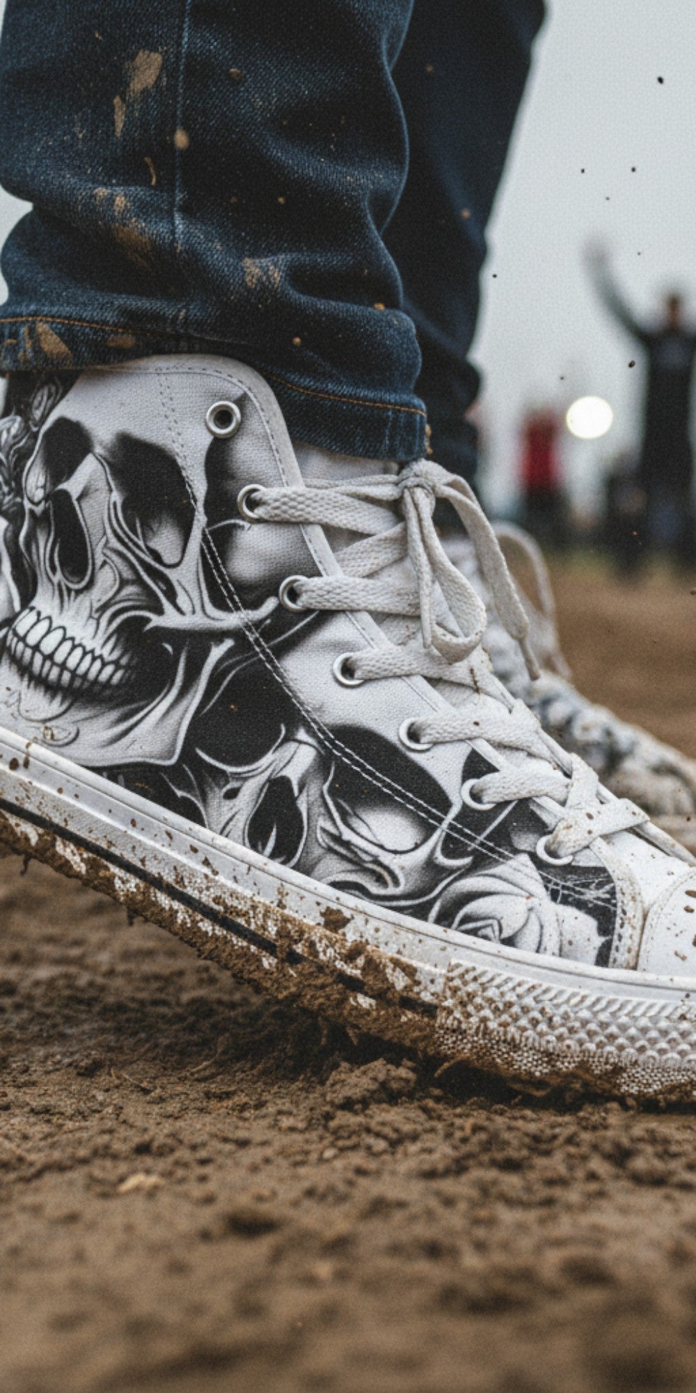 Freaky Shoes® men's high top canvas sneakers featuring a black and white gothic skull and rose art design in mud.