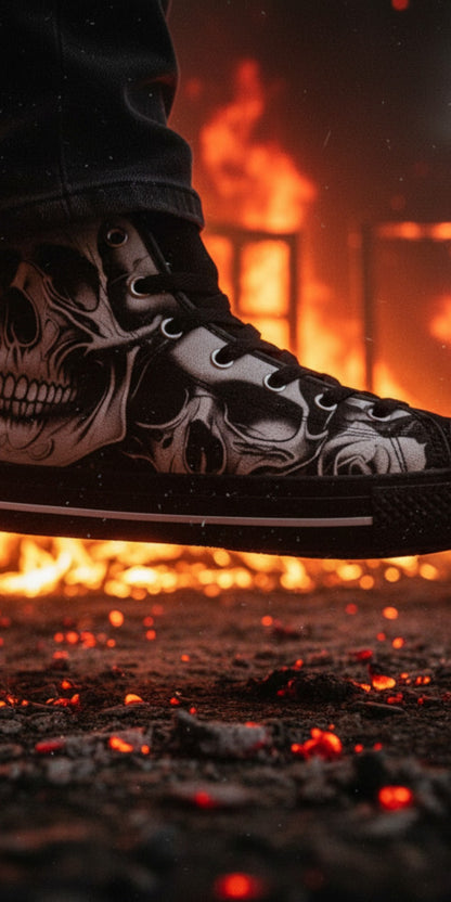 Freaky Shoes® women's high top canvas sneakers featuring a bold black and white cartoon skull and rose art design.