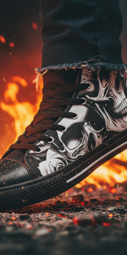Freaky Shoes® women's high top canvas sneakers featuring a black and white cartoon skull and rose dark art print.