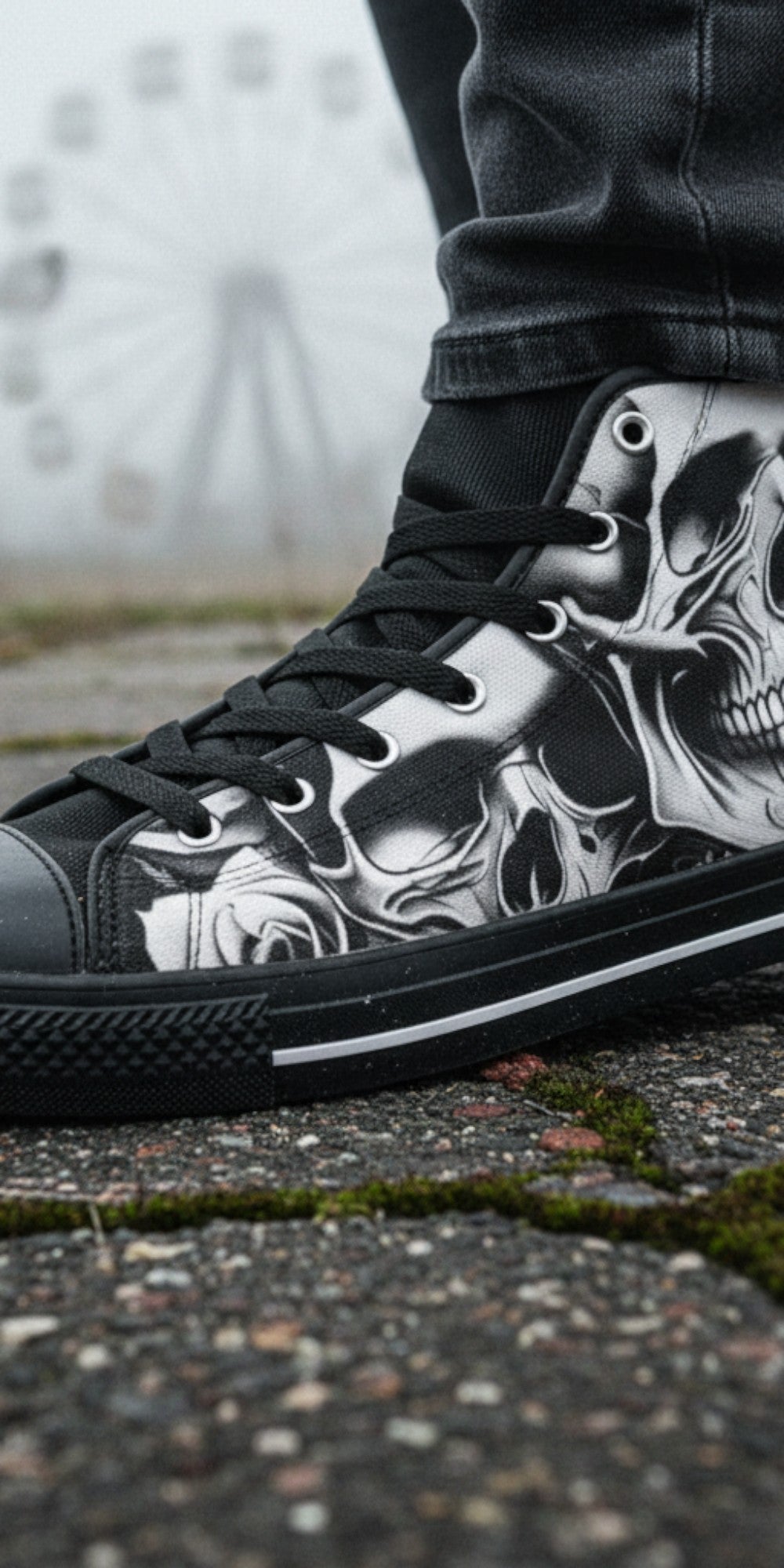 Freaky Shoes® women's high top canvas sneakers featuring a black and white cartoon skull and rose dark art print.