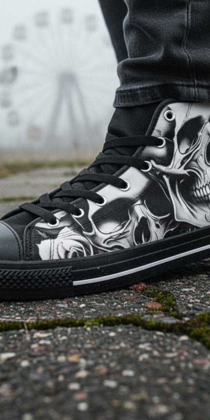 Freaky Shoes® women's high top canvas sneakers featuring a black and white cartoon skull and rose dark art print.