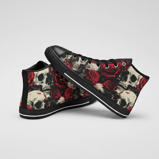Freaky Shoes® high-top canvas sneakers featuring a bold comic-style skull and red rose graphic print on black