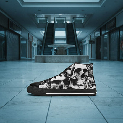 Freaky Shoes® women's high-top canvas sneakers featuring a bold black and white cartoon skull and rose art print.