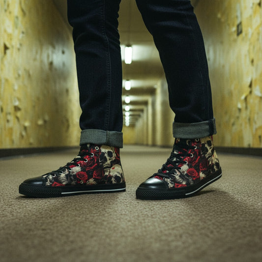 Freaky Shoes® women's high-top canvas sneakers featuring a dark comic book skull and rose print in red and black
