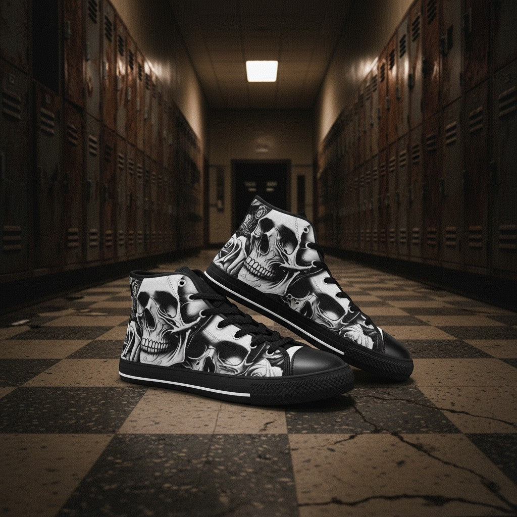 Freaky Shoes® high-top canvas sneakers featuring a dark cartoon skull and rose gothic art print in a school hallway.