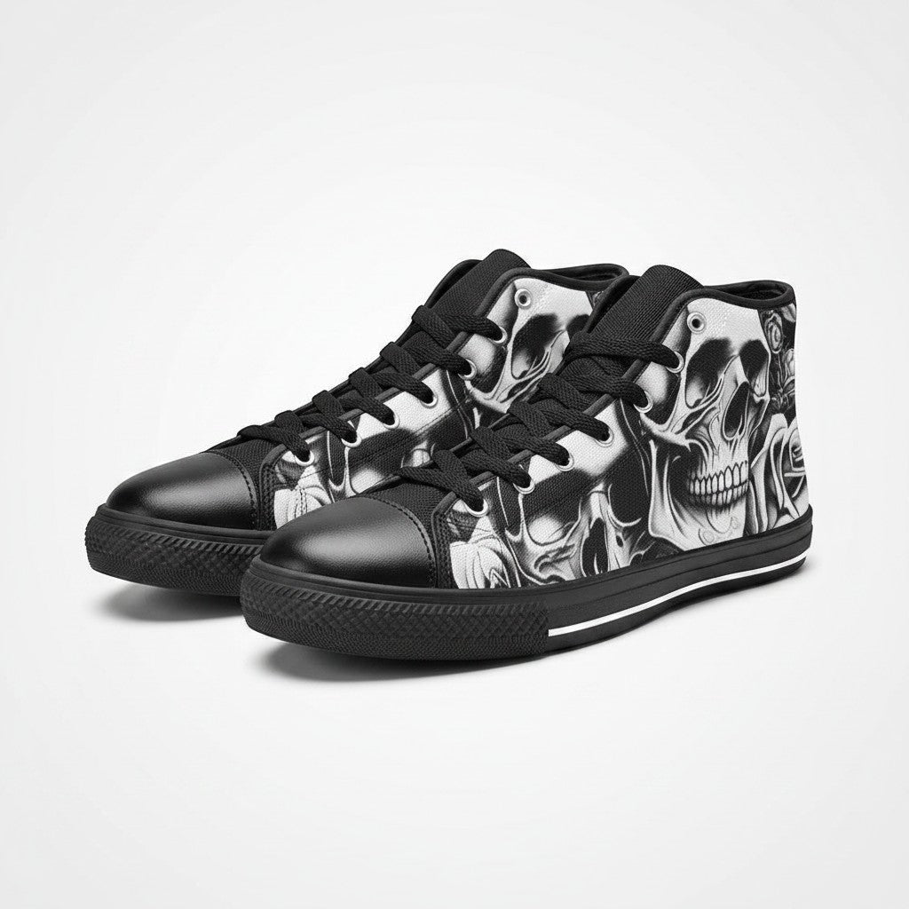 Freaky Shoes® women's high-top canvas sneakers featuring a bold black and white cartoon skull and rose art print.