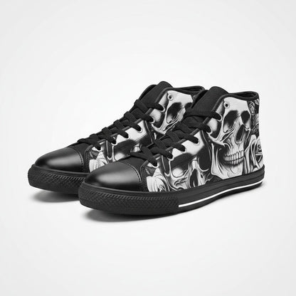 Freaky Shoes® women's high-top canvas sneakers featuring a bold black and white cartoon skull and rose art print.