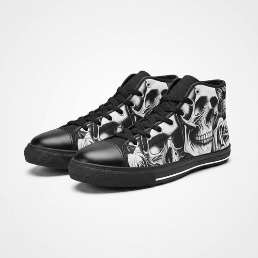 Freaky Shoes® women's high-top canvas sneakers featuring a bold black and white cartoon skull and rose art print.
