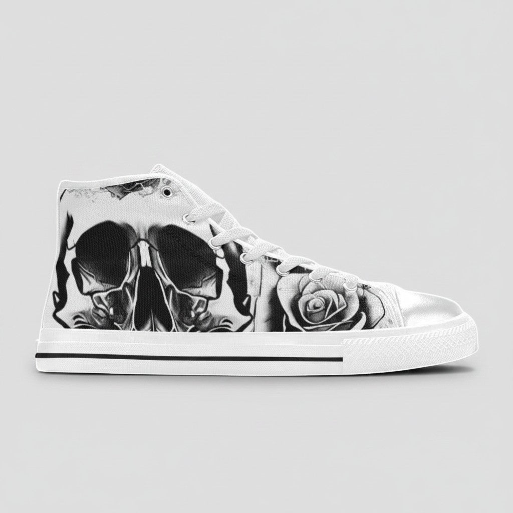Freaky Shoes® women's high-top canvas sneakers featuring a black and white skull and rose graphic print