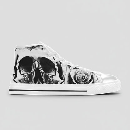 Freaky Shoes® women's high-top canvas sneakers featuring a black and white skull and rose graphic print