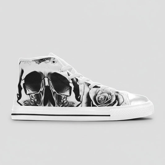 Freaky Shoes® women's high-top canvas sneakers featuring a black and white skull and rose graphic print