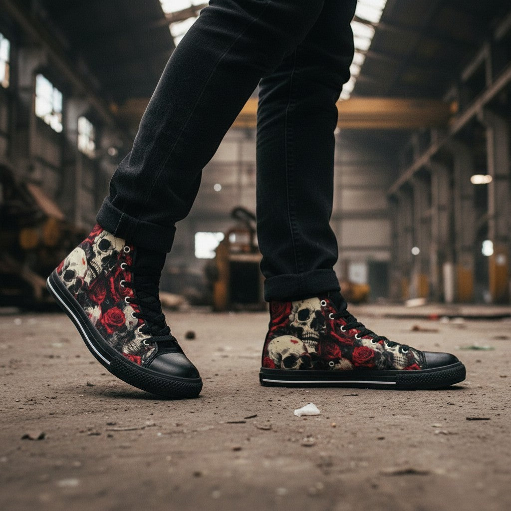 Freaky Shoes® men's high-top canvas sneakers featuring a comic-style skull and red rose dark art print.
