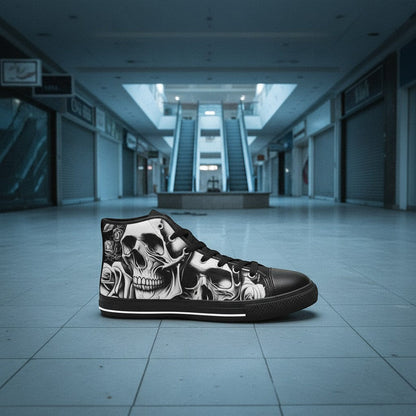 Freaky Shoes® women's high-top canvas sneakers featuring a bold black and white cartoon skull and rose art print.