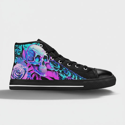 Freaky Shoes® high-top canvas sneakers featuring a vibrant neon skull and rose print on a black background.