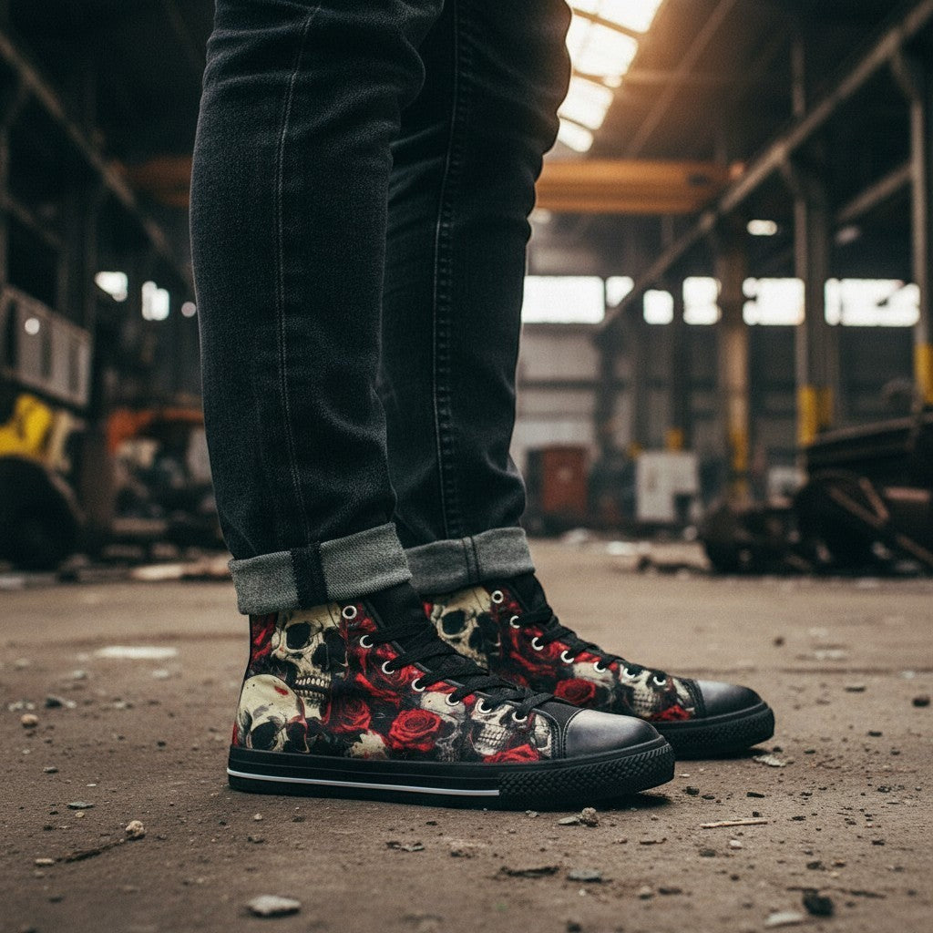 Freaky Shoes® high-top canvas sneakers featuring a comic-style skull and red rose dark art print worn by a man.