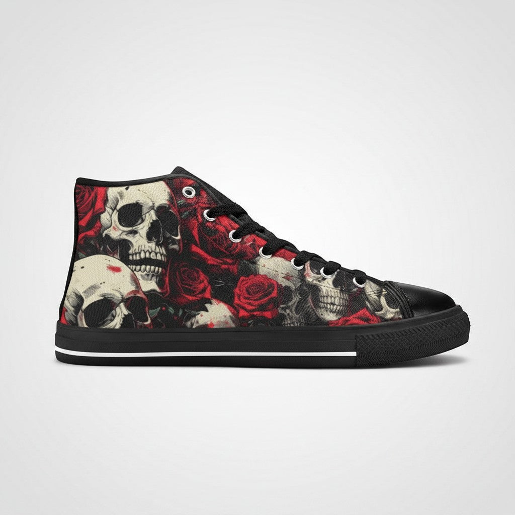 Freaky Shoes® women's high-top canvas sneakers featuring a bold comic book skull and red rose graphic art print.