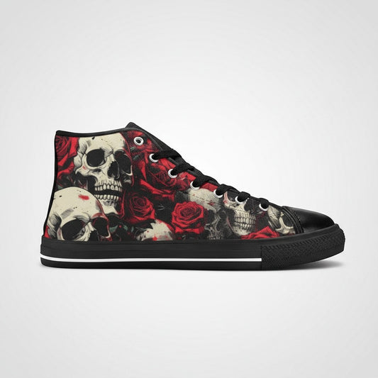 Freaky Shoes® women's high-top canvas sneakers featuring a bold comic book skull and red rose graphic art print.