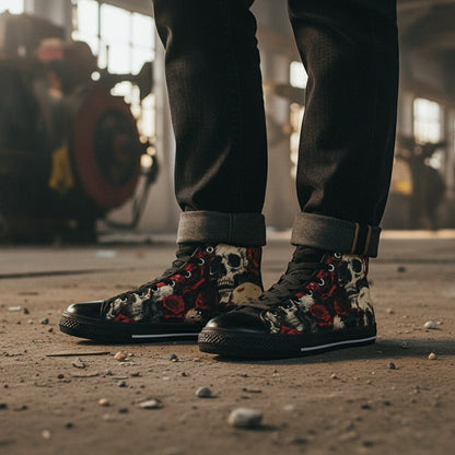 Freaky Shoes® high-top canvas sneakers featuring a bold comic-style skull and red rose dark art print on feet.
