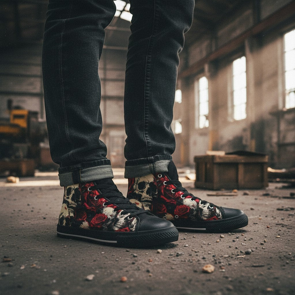 Freaky Shoes® men's high-top canvas sneakers featuring a bold comic-style skull and red rose dark art print