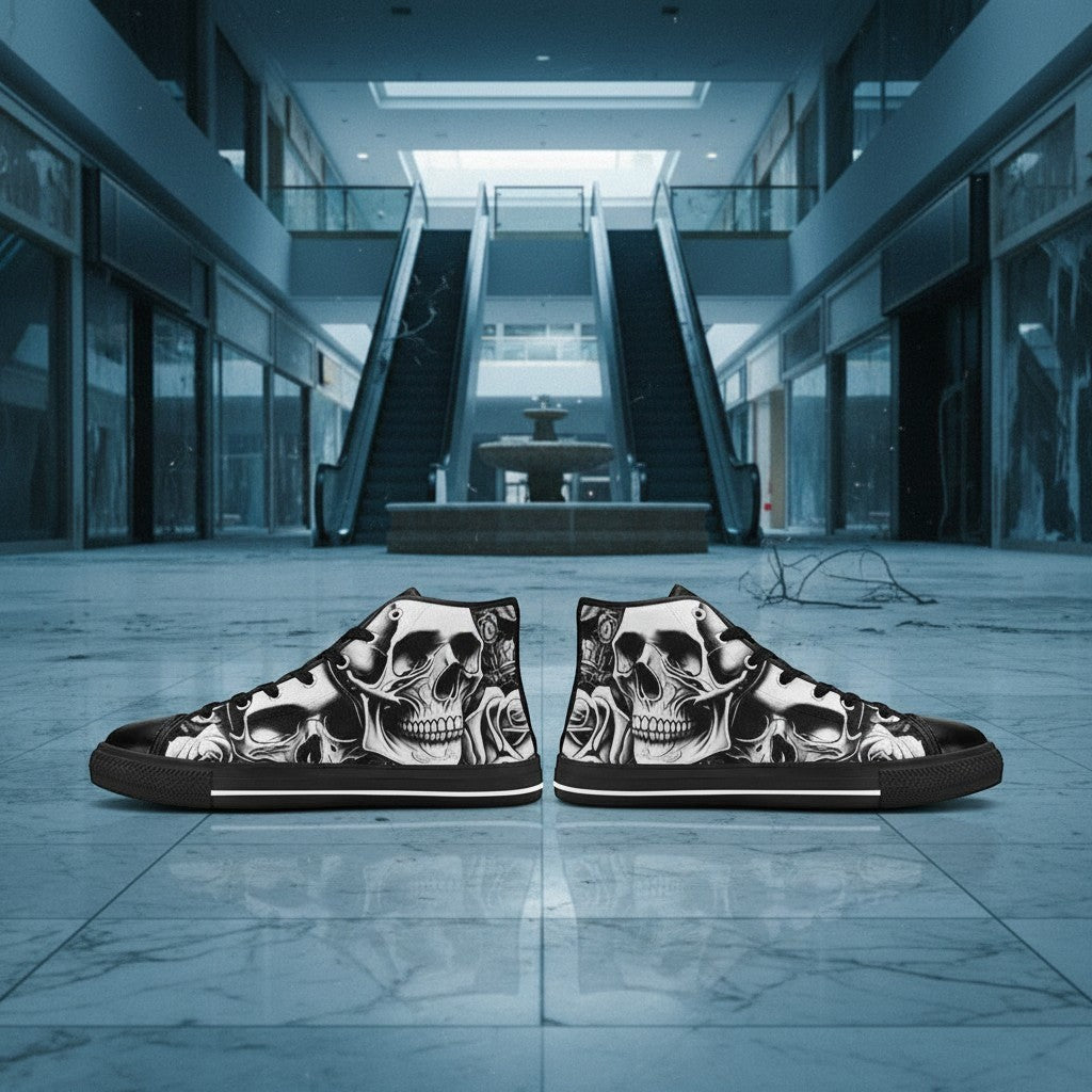 Freaky Shoes® women's high-top canvas sneakers featuring a bold black and white cartoon skull and rose art print.