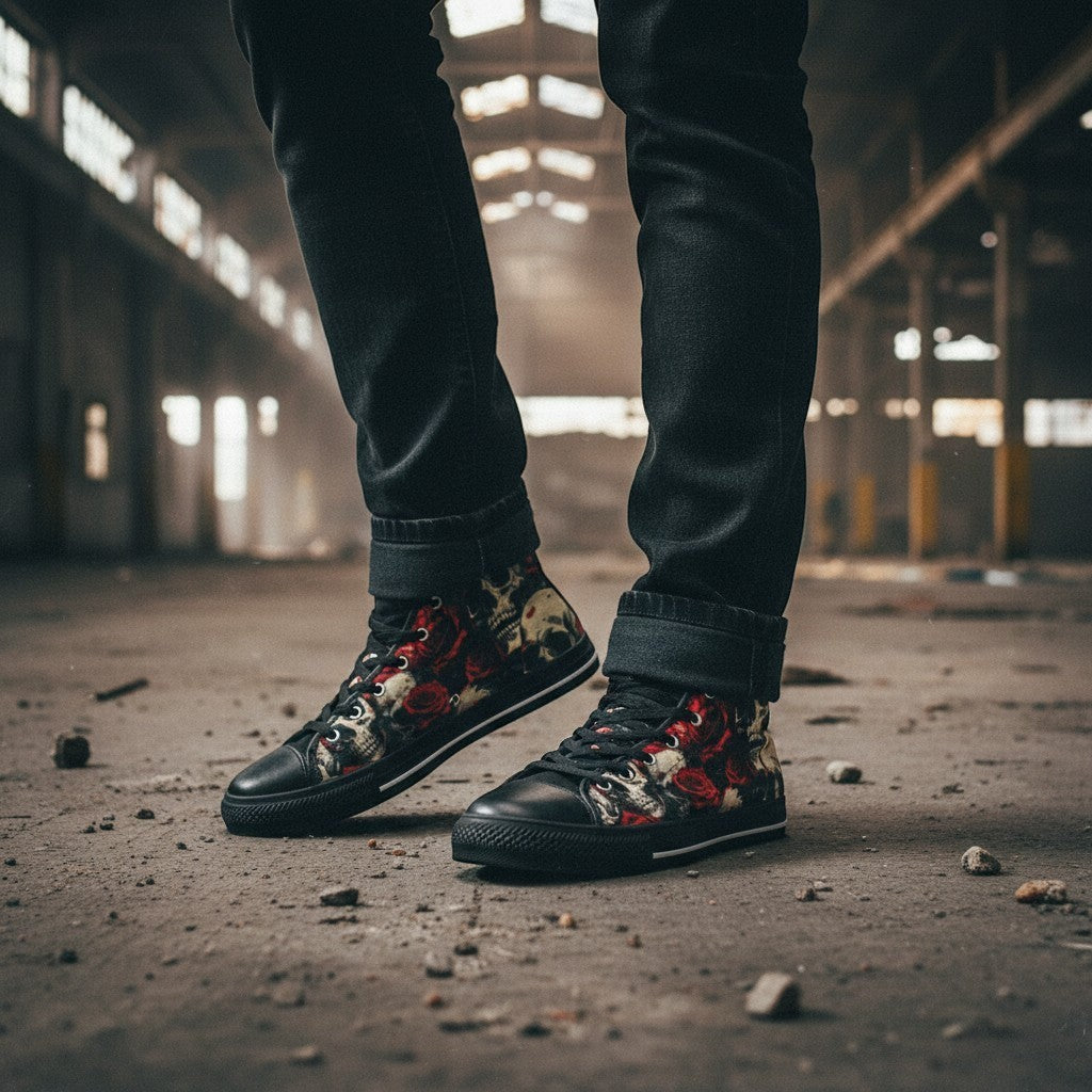 Freaky Shoes® men's high-top canvas sneakers featuring a bold comic-style skull and red rose dark art print