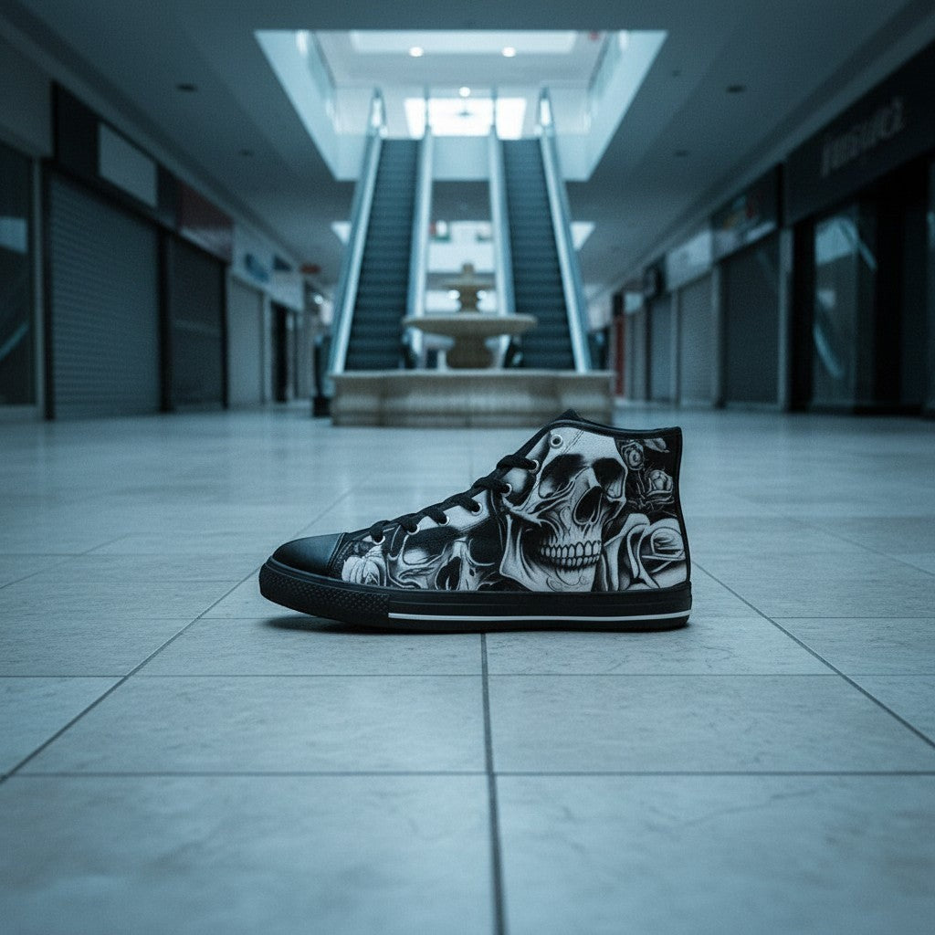 Freaky Shoes® women's high-top canvas sneakers featuring a bold black and white cartoon skull and rose art print.