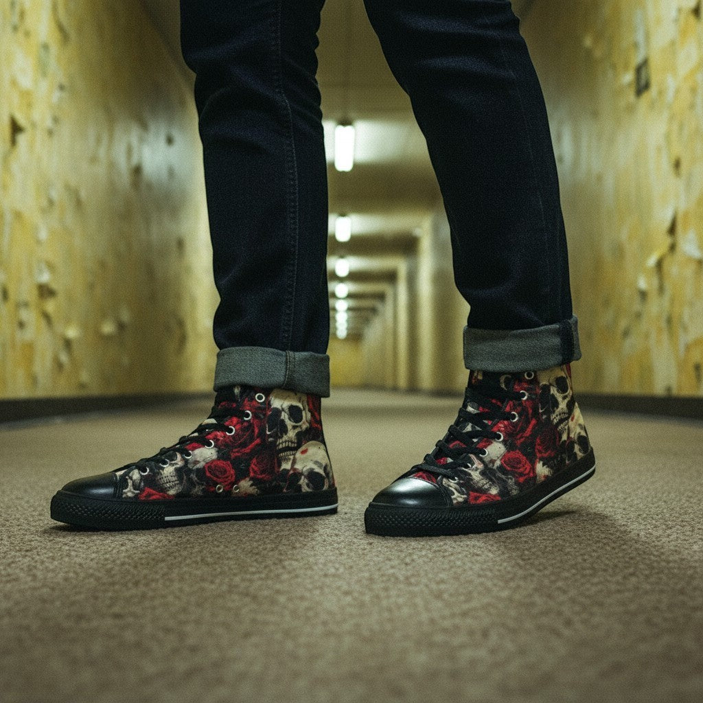 Freaky Shoes® women's high-top canvas sneakers featuring a dark comic book skull and rose print in red and black
