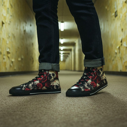 Freaky Shoes® women's high-top canvas sneakers featuring a dark comic book skull and rose print in red and black
