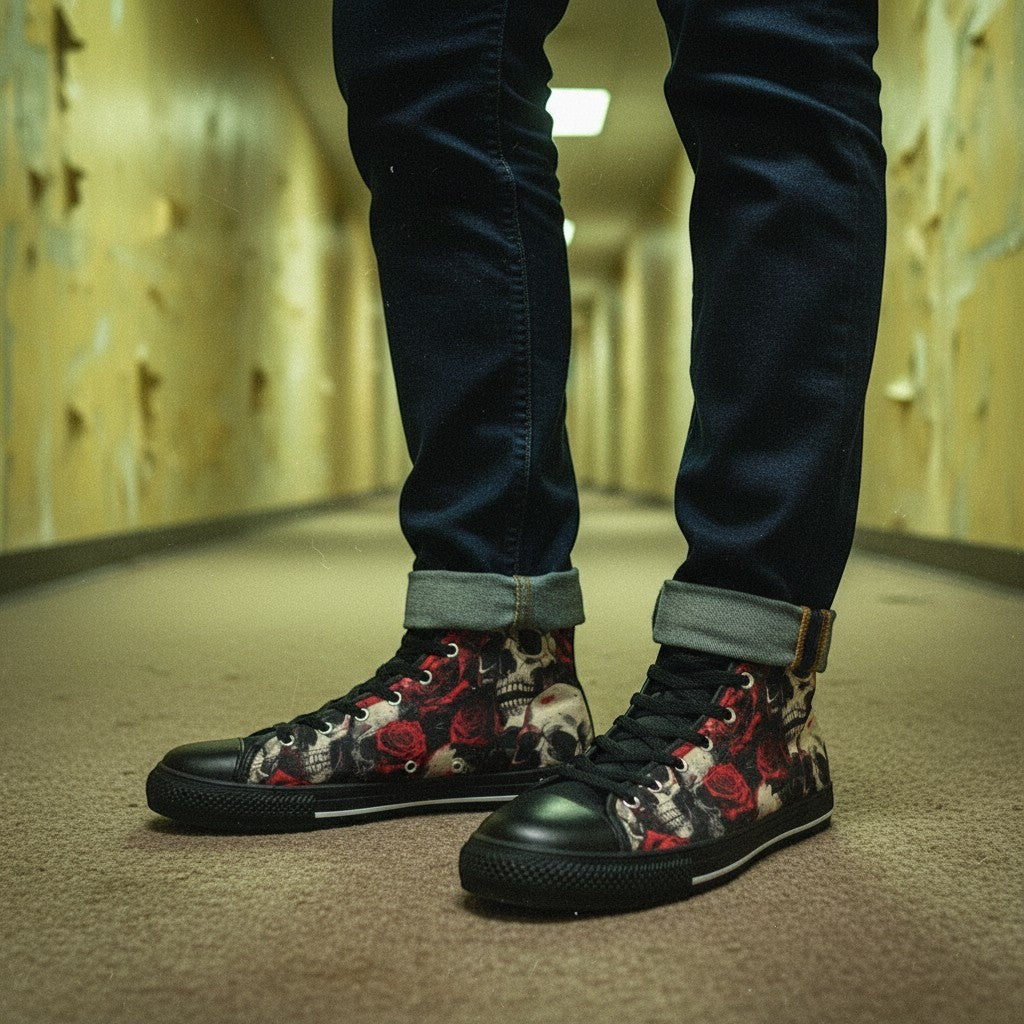 Freaky Shoes® women's high-top canvas sneakers featuring a bold comic book skull and red rose graphic print.