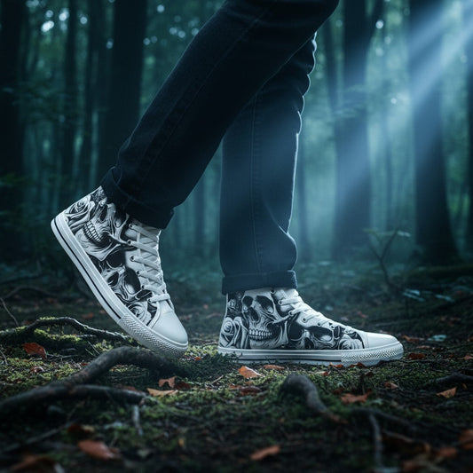 Freaky Shoes® men's high top canvas sneakers featuring a black and white cartoon skull and rose gothic art design.
