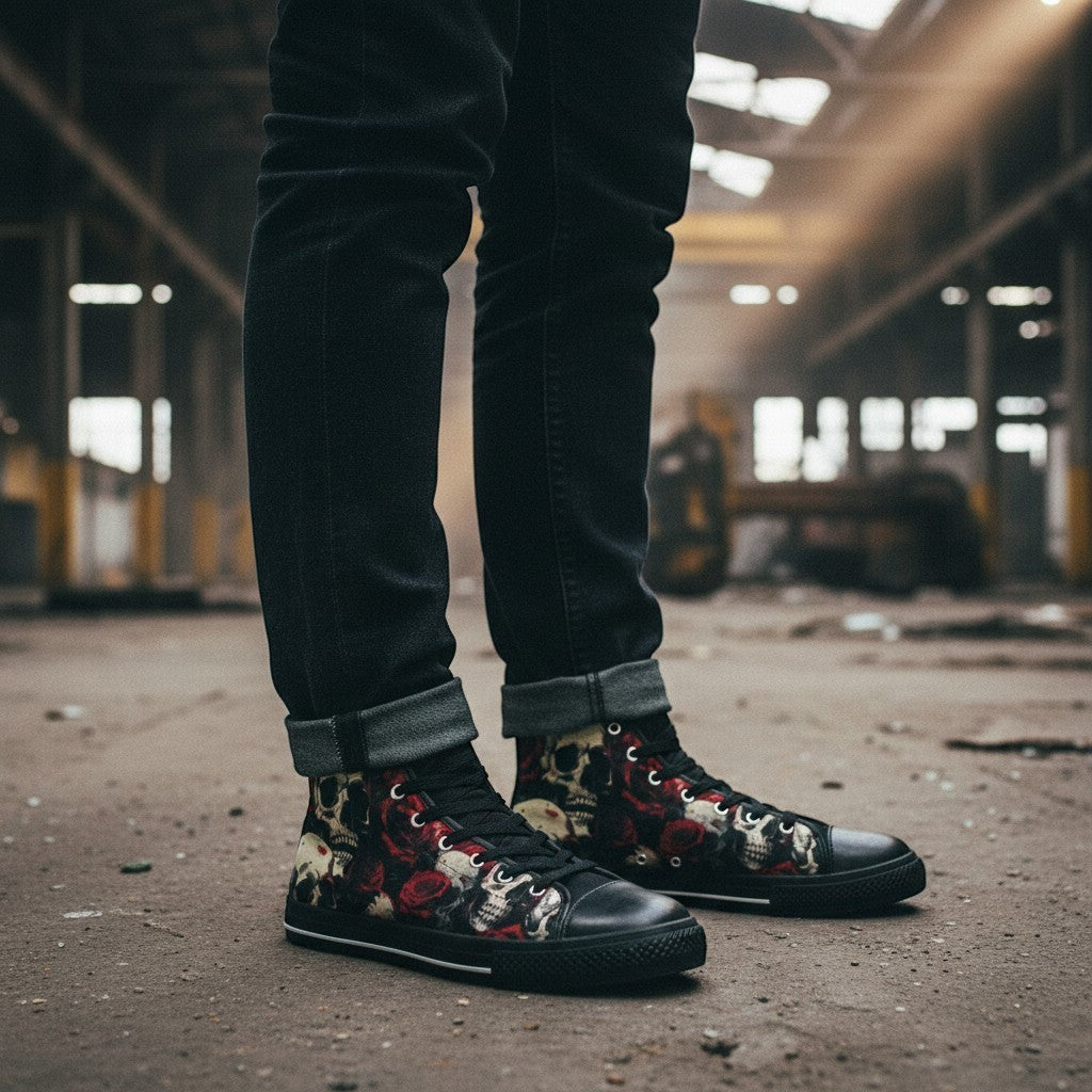 Freaky Shoes® men's high-top canvas sneakers featuring a bold comic skull and red rose dark art graphic print.