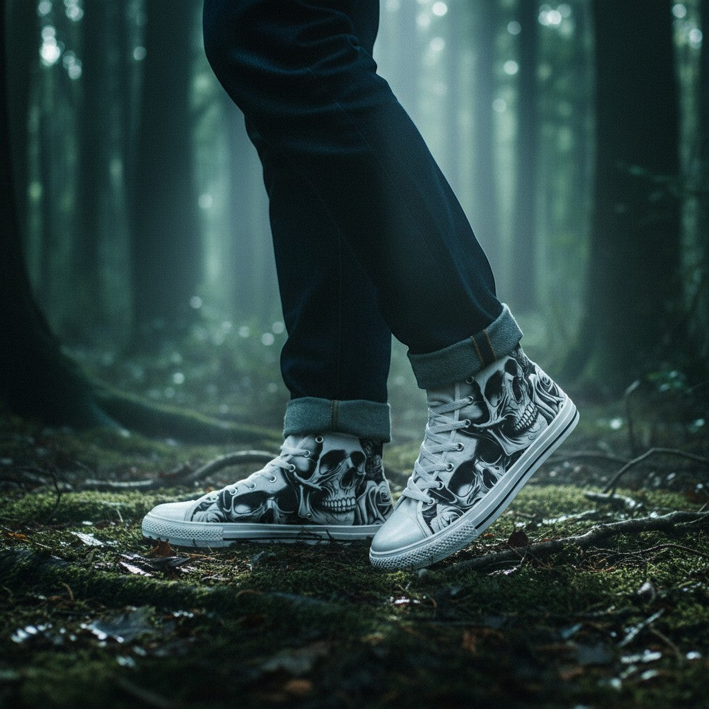 Freaky Shoes® men's high-top canvas sneakers featuring a black and white cartoon skull and rose gothic art print.