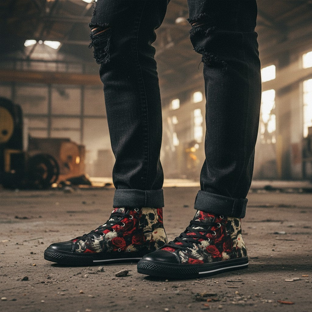 Freaky Shoes® high-top canvas sneakers featuring a bold comic-style skull and red rose print on a dark background.