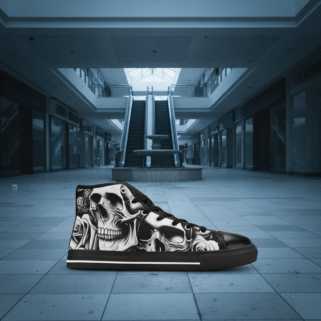 Freaky Shoes® women's high-top canvas sneakers featuring a bold black and white cartoon skull and rose art print.