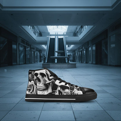 Freaky Shoes® women's high-top canvas sneakers featuring a bold black and white cartoon skull and rose art print.