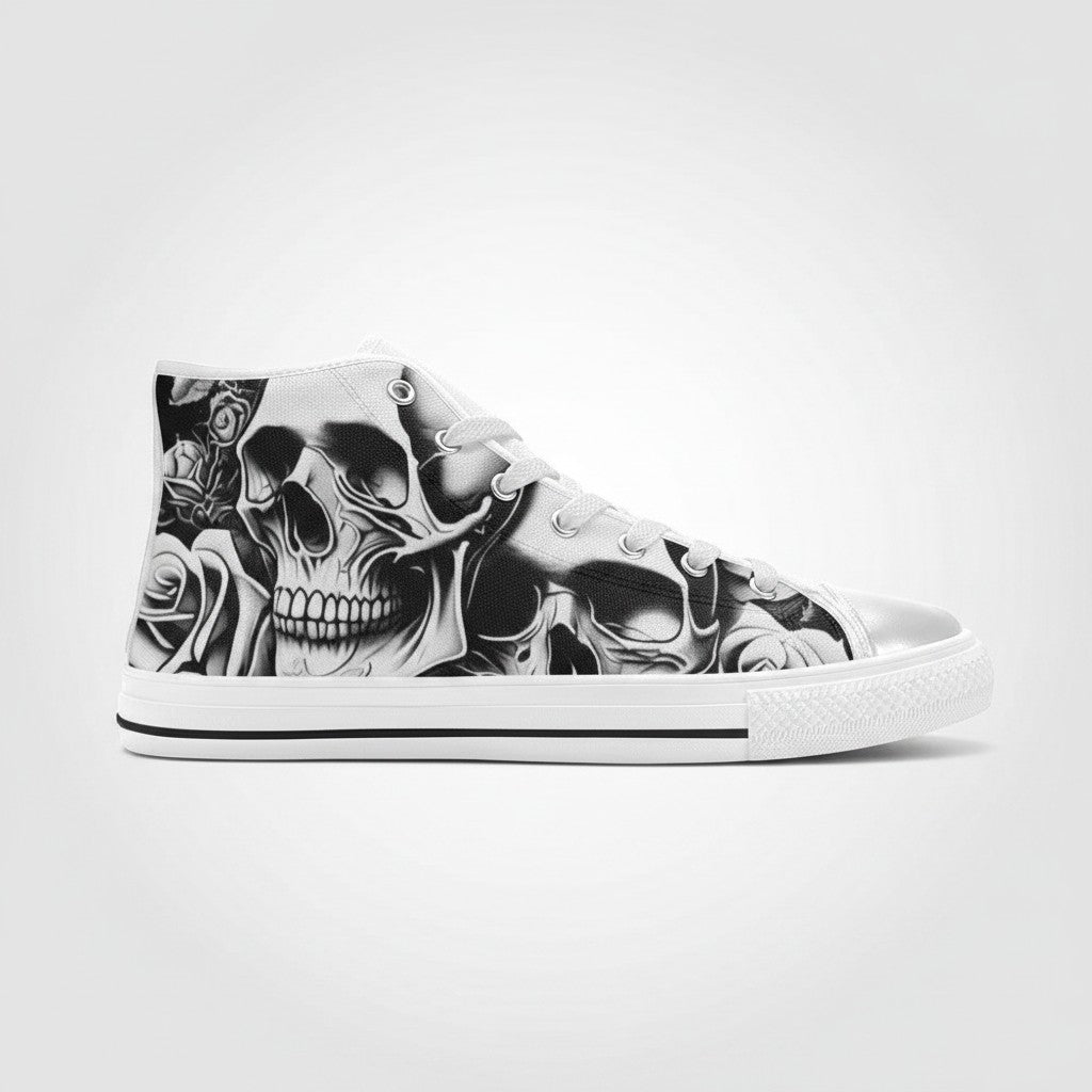 Freaky Shoes® men's high-top canvas sneakers featuring a black and white cartoon skull and rose gothic art print.