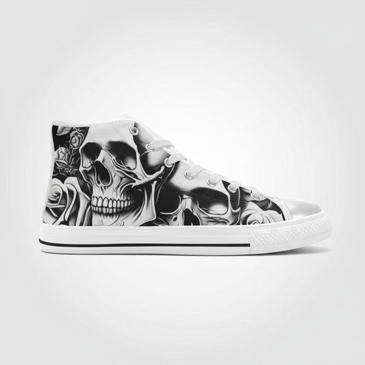 Freaky Shoes® men's high-top canvas sneakers featuring a black and white cartoon skull and rose gothic art print.
