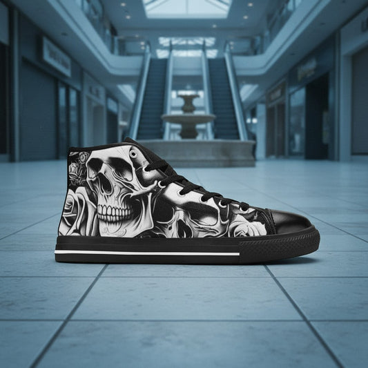Freaky Shoes® women's high-top canvas sneakers featuring a black and white cartoon skull and rose dark art print.