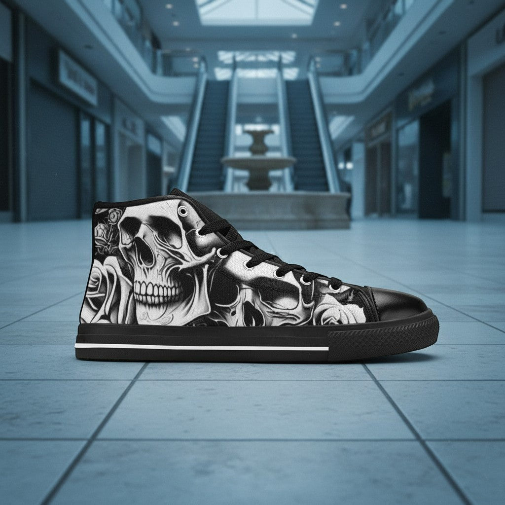 Freaky Shoes® women's high-top canvas sneakers featuring a black and white cartoon skull and rose dark art print.