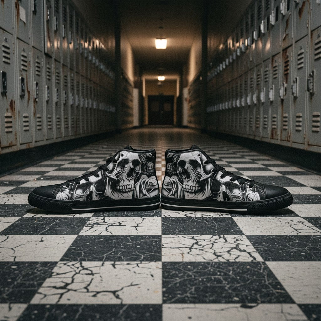 Freaky Shoes® men's high-top canvas sneakers featuring a dark gothic cartoon skull and rose art print.