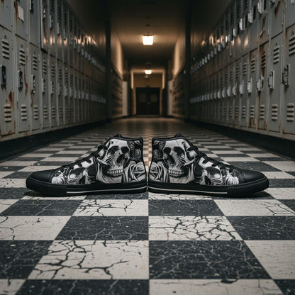 Freaky Shoes® men's high-top canvas sneakers featuring a dark gothic cartoon skull and rose art print.