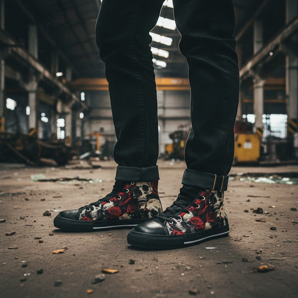 Freaky Shoes® high-top canvas sneakers featuring a comic-style skull and red rose print worn with black jeans.