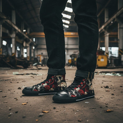 Freaky Shoes® high-top canvas sneakers featuring a comic-style skull and red rose print worn with black jeans.