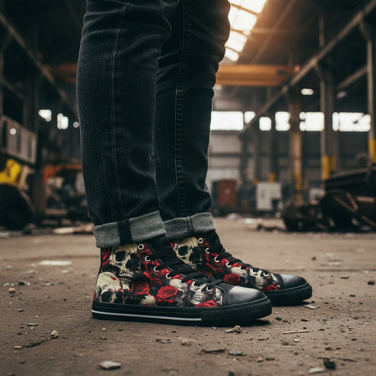 Freaky Shoes® high-top canvas sneakers featuring a comic-style skull and red rose dark art print worn by a man.