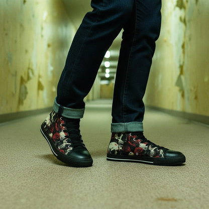 Freaky Shoes® women's high-top canvas sneakers featuring a bold comic book skull and rose graphic print