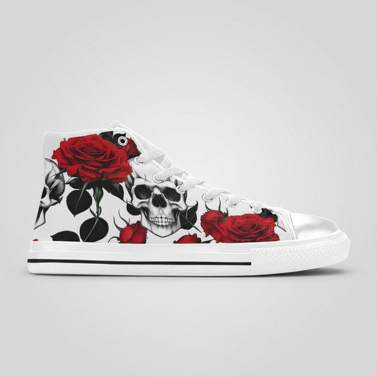 Freaky Shoes® men's high-top canvas sneakers featuring a white base with a vibrant red rose and skull graphic print.